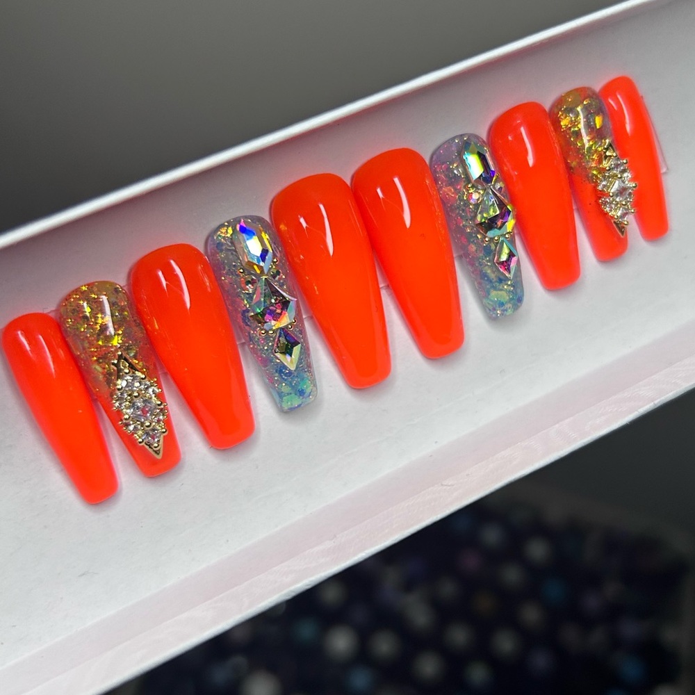 Neon Orang Bling Coffin glitter long diamond press on nails glitter